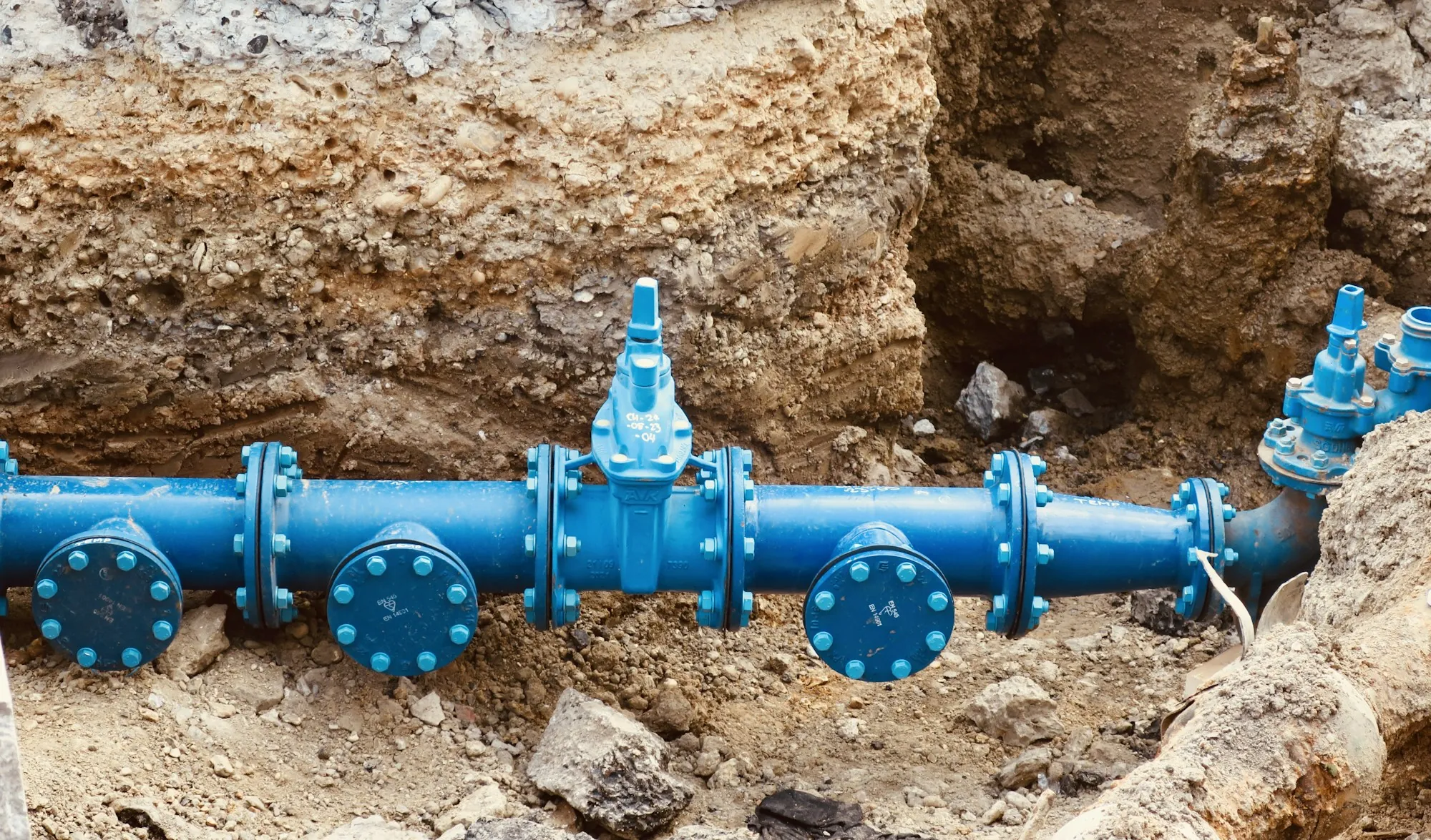 Well water filtration and treatment in Laguna Hills Blue water pipe and valves laid in an excavated trench
