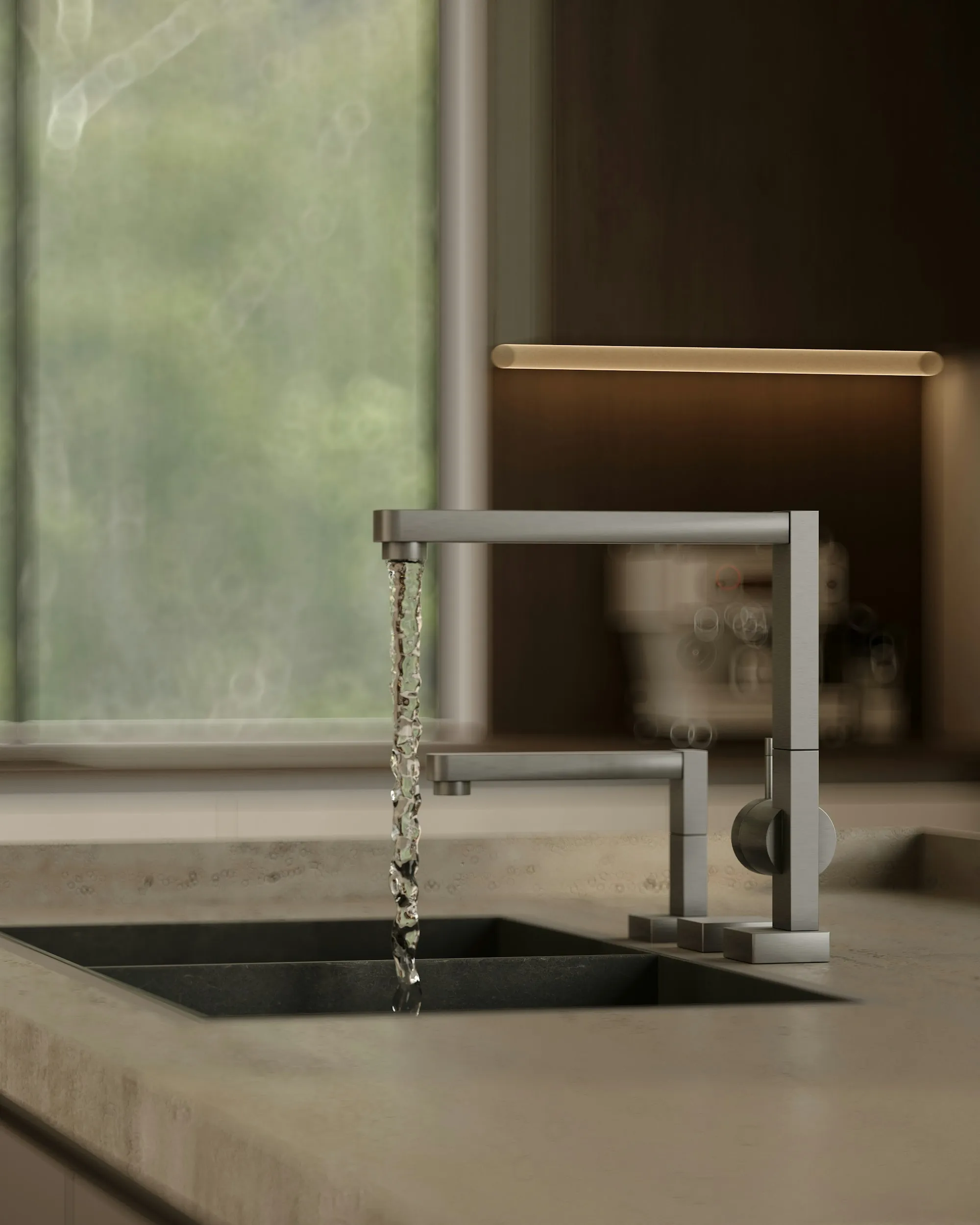 Water filtration services in Laguna Hills Modern kitchen faucet running water into a double sink